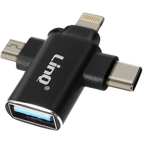 LINQ USB-C, Micro-USB in Lightning na USB 3.0 ženski OTG adapter, kompakten dizajn 3-v-1, - crn, (21262080) Cene