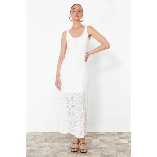 Trendyol White Pool Neck Lace Lining Stretchy Knitted Maxi Dress