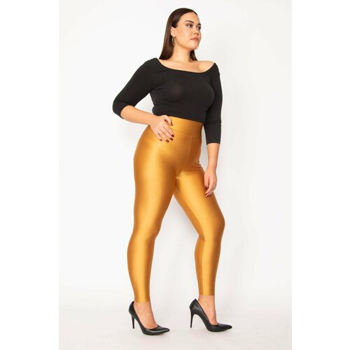 Şans Women's Plus Size Gold High Waist Spandex Fabric Compression Shiny Disco Leggings Cene