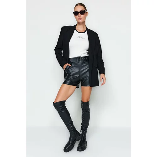 Trendyol Black Faux Leather Belt Woven Shorts