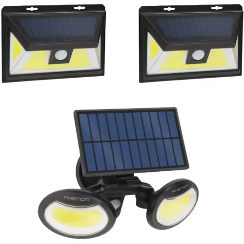 Phenom Solarni LED komplet - 2x stenska solarna LED svetilka 5W 300lm + solarni reflektor 8W 500lm s senzorjem gibanja in mraka ter 3 n