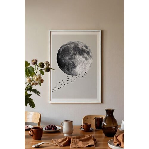 Wallxpert uramljena slika 115210, crno-beli Mesec i jato ptica na svetlosivoj pozadini, 50 x 70 cm, beli ram Slike