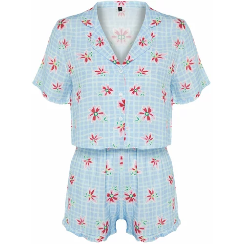 Trendyol Light Blue Multicolored Floral Patterned Viscose Shirt-Shorts Woven Pajama Set