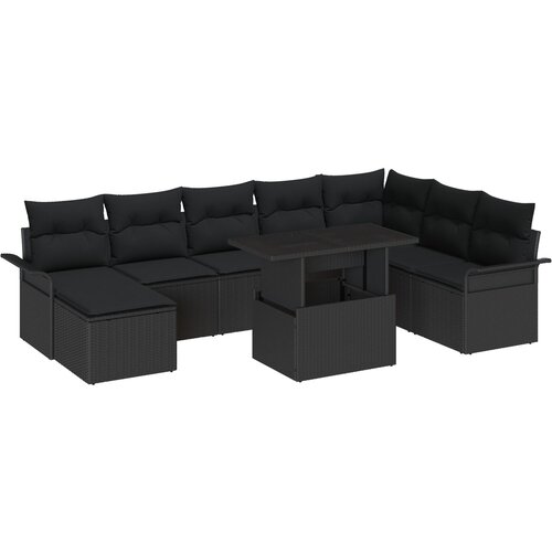 VidaXL 9-dijelni set vrtnog namje&amp;scaron;taja s jastucima Crni Poli Ratan, 2-sjedalni vrtni sofa s pohranom i jastucima Crni Poli Ratan Slike