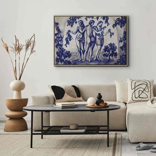 Slika - Ancient vineyard - three women in a portal painted with blue ink 90x60 U prirodnom drvenom okviru Slike