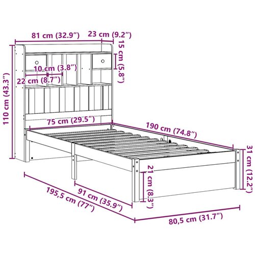 VidaXL Krevet s regalom za knjige bez madraca 75x190 cm borovina Slike