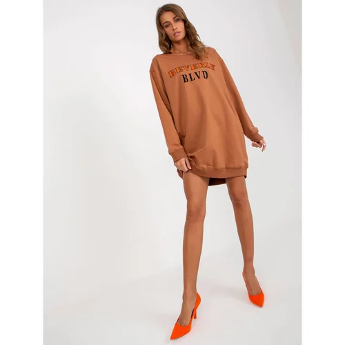 Fashion Hunters Light brown long sweatshirt with a print and appliqué