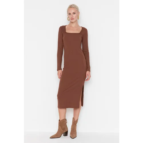 Trendyol Brown Square Neck Bodycon Ribbed Midi Dress