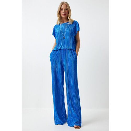 Women's Blue Pleated Casual Blouse Trousers Set Slike