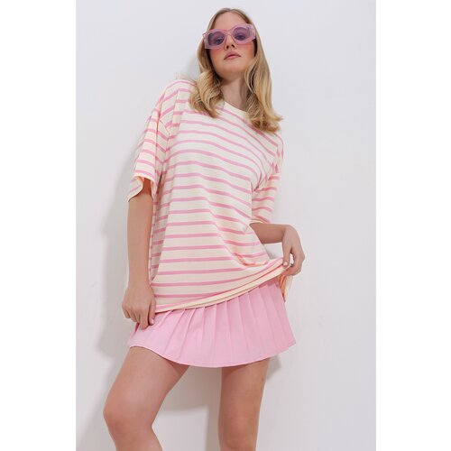 Trend Alaçatı Stili Women's Pink Crew Neck Ribbed Striped 2 Thread Unisex T-Shirt Cene