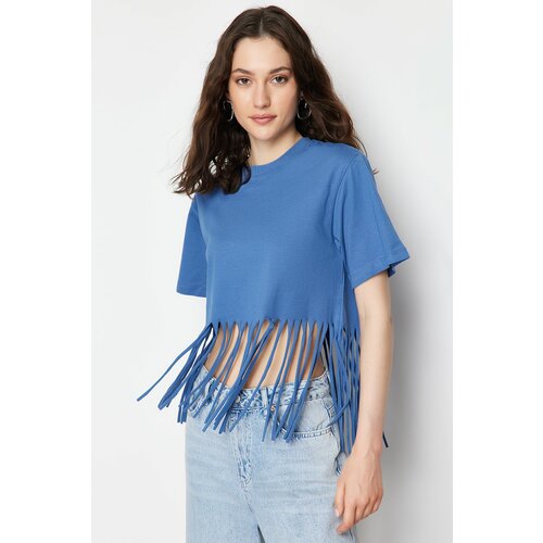 Trendyol Indigo 100% Cotton Tassel Detailed Knitted T-Shirt Slike