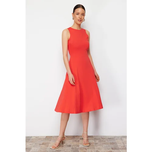 Trendyol Red 100% Cotton Skater/Waisted Crew Neck Sleeveless Midi Knitted Dress