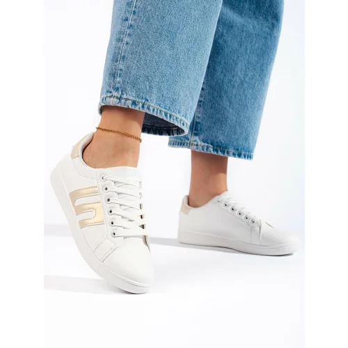 Shelvt Women's white and gold sneakers