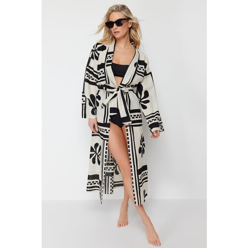 Trendyol Floral Patterned Belted Maxi Woven 100% Cotton Kimono &amp;amp; Kaftan Slike