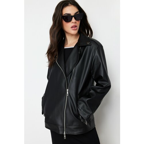 Trendyol Black Oversize Faux Leather Coat Cene