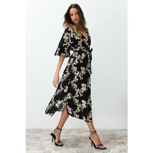 Trendyol Black Belted Floral Print A-line Double-breasted Collar Midi Woven Dress