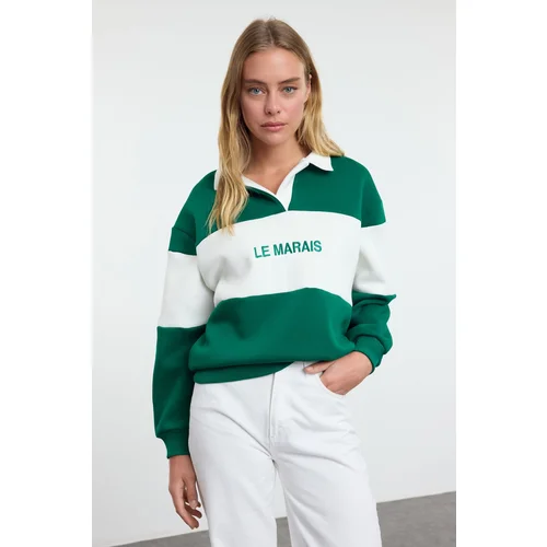 Trendyol Emerald Green Thick Fleece Regular/Normal Pattern Embroidered Polo Neck Knitted Sweatshirt