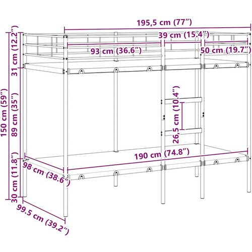VidaXL krevet na kat bez madraca bijeli 100x190 cm čelik Slike