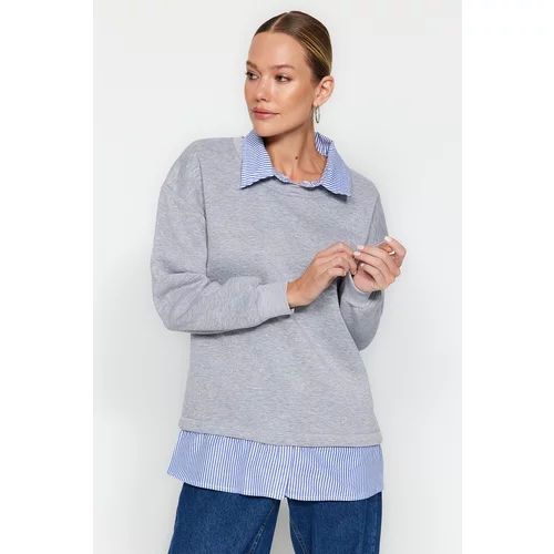 Trendyol Gray Melange Shirt Collar with Poplin Detail Thick Fleece Inside Regular Fit Knitted Sweatshirt