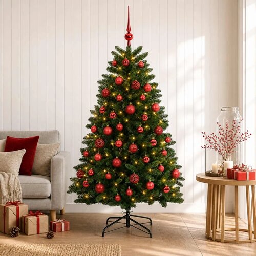  Umjetno božićno drvce srednje zeleno s kuglicama 150 cm - Srednje zelena &amp;Oslash; 80 x 150 cm s 150 LED dioda i crvenim lopticama Slike