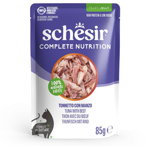  Ekonomično pakiranje Schesir Complete Nutrition filet u želeu 24 x 85 g - Tuna s govedinom Cijene
