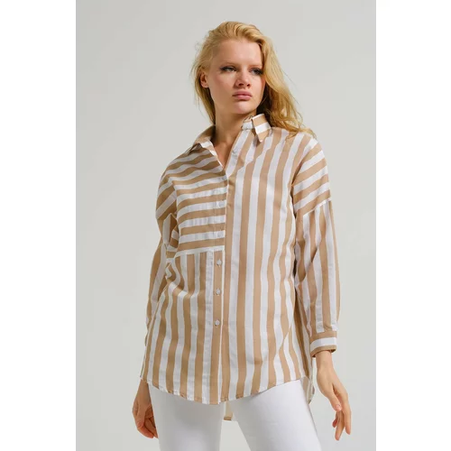 armonika Women's Beige Asymmetrical Striped Oversized Long Basic Shirt