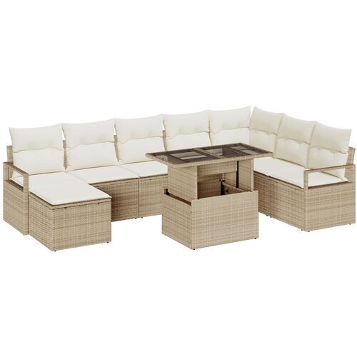 VidaXL 9-dijelni set vrtne sofe s jastučićima, bež, poli ratan, 2-sjedalna vrtna sofa s jastučićima, bež, poli ratan Slike