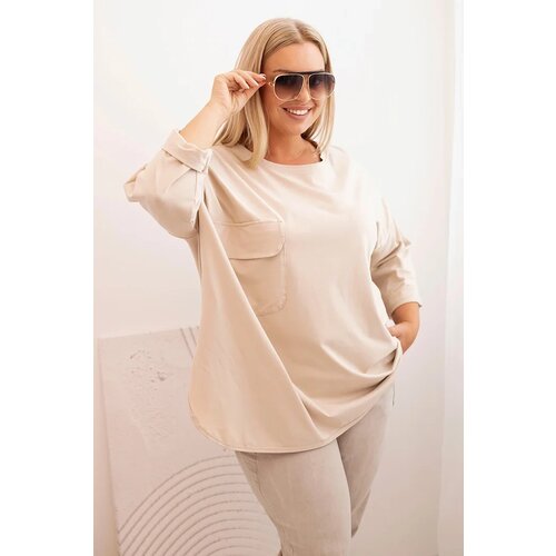 Kesi Włoski Plus Size women&amp;#039;s blouse with cotton, pocket, and rolled-up sleeves beige Slike