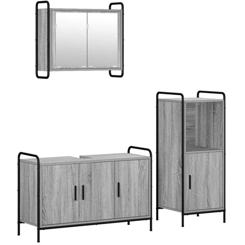  Set ormarića za kupaonicu 3 kom. Siva Sonoma 40 x 36 x 99 5 cm - Siva Sonoma Ormarić ispod sudopera (3 vrata) + viseći ormarić + Slike