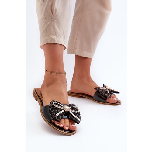 Laura Messi Flat Women&amp;#039;s Leather Slippers With Bow 2791 Black Slike