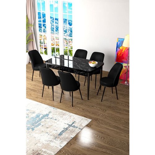 Hanah home Zen - Black Marble, Black Black MarbleBlack Extendable Dining Table & Chairs Set (7 Pieces) Cene