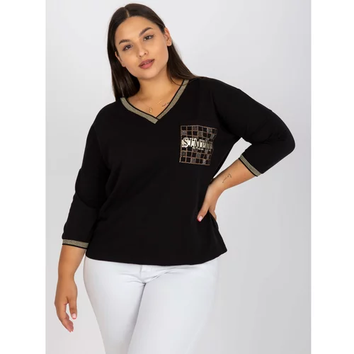 Fashion Hunters Black, everyday plus size blouse with a rhinestones applique