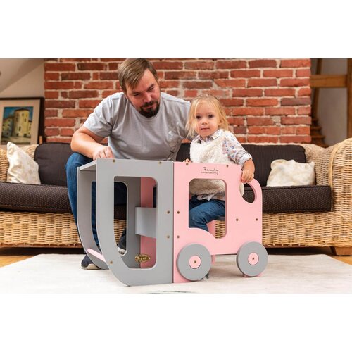 ToddlerInFamily 2v1 MONTESSORI STOL�EK POMAGAL�EK-MOTIV AVTO (VE� BARV)-Siva/Roza Cene
