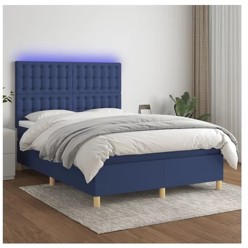 vidaXL Box spring postelja z vzmetnico LED modra 140x190 cm