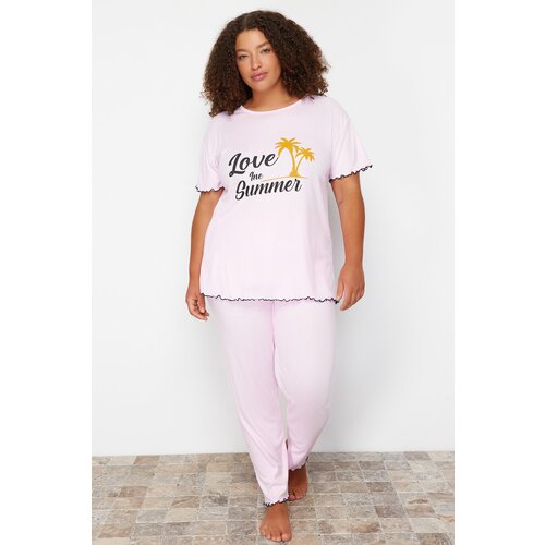 Trendyol Curve Pink Slogan Camisole Knitted Pajamas Set Slike