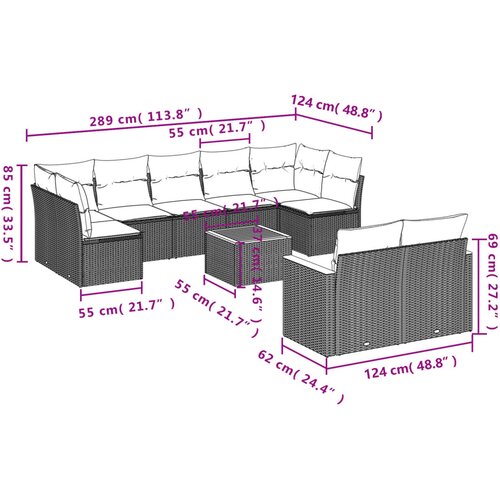  10-dijelni set vrtnih sofa s jastucima crni od poliratana Crna 62 x 62 x 69 cm Slike