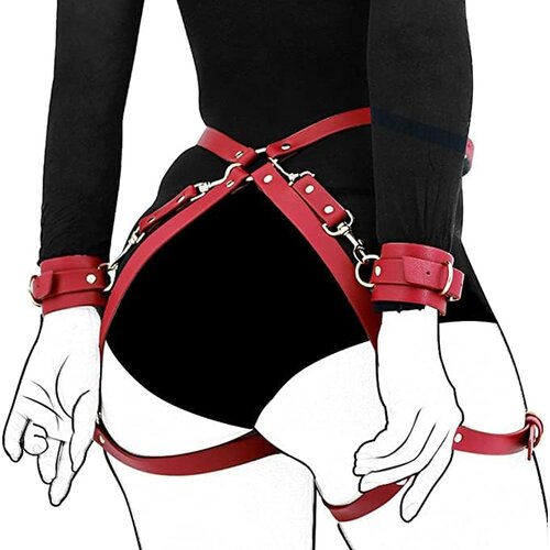 SuperLove Behind Back Waist &amp;amp; Thighs BDSM Handcuffs Red Slike