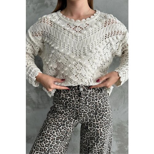 Dewberry 69491 Patterned Openwork Knitwear Womens Sweater-CREAM Cene