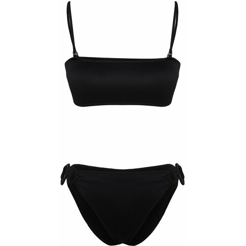 Trendyol Black One Shoulder Textured High Leg Bikini Set with Accessories Slike