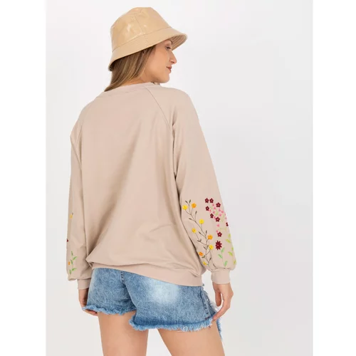 Fashion Hunters RUE PARIS beige sweatshirt without a hood with embroidery on the sleeves