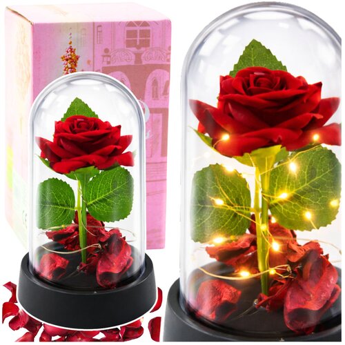 Eternal Rose in Dome with LED Lighting Red with Rose Petals 14x8cm Slike