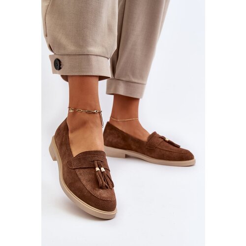 Zazoo 3420 Suede Women&amp;#039;s Loafers Flat Heel Brown Slike
