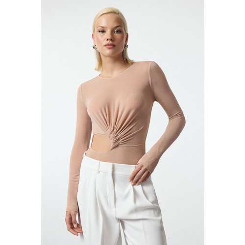 Trendyol Beige Window/Cut Out Detailed Glittery Knitted Bodysuit Cene