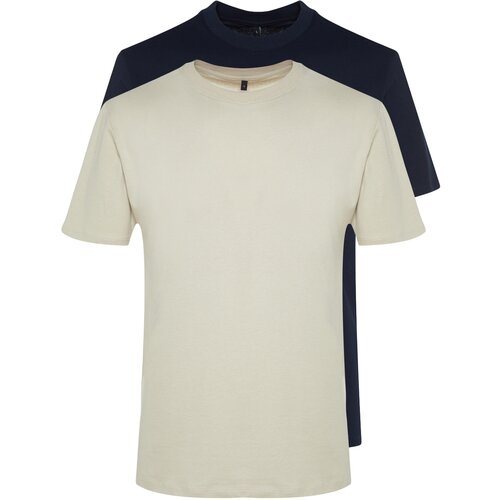 Trendyol Stone-Navy Blue Men's Basic Slim Fit 100% Cotton 2-Pack Short Sleeved T-Shirt Slike
