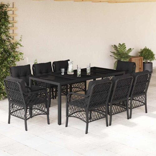  9-dijelni vrtni blagovaonski set s jastucima crni od poliratana Crna 190 cm table length Cene