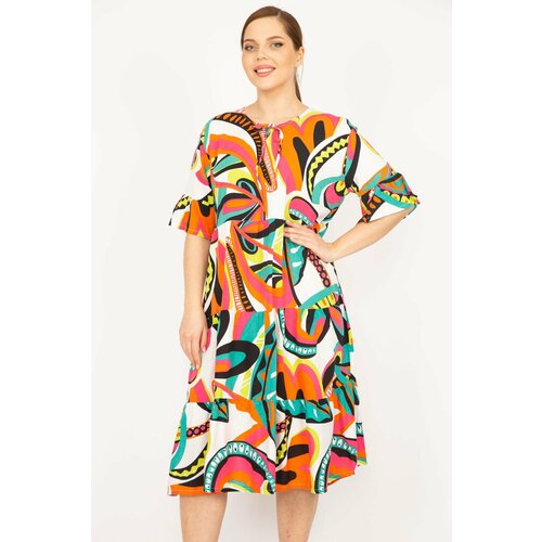 Şans Women's Colorful Plus Size Woven Viscose Fabric Layered Dress Slike