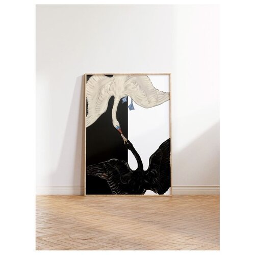 Wallxpert uramljena slika 115202, The Swan Hilme af Klint, beli i crni labud na crno-beloj pozadini, 50 x 70 cm, ram u boji prirodnog drveta Slike