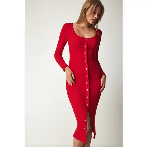 Happiness İstanbul Women's Red Button Detailed Ribbed Wrap Knitted Dress