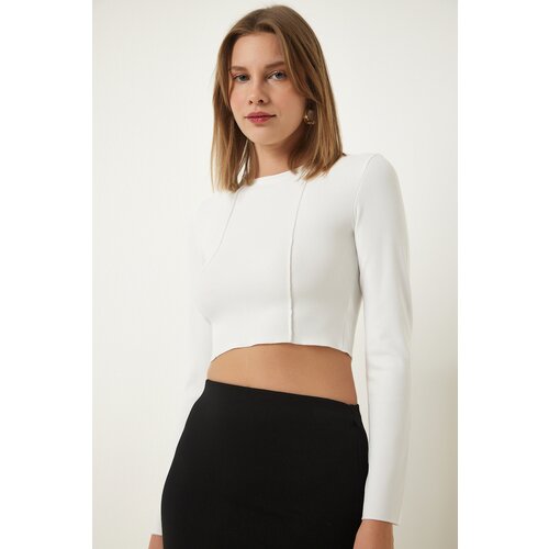 Happiness İstanbul White Ribbed Ribbed Crop Blouse Slike