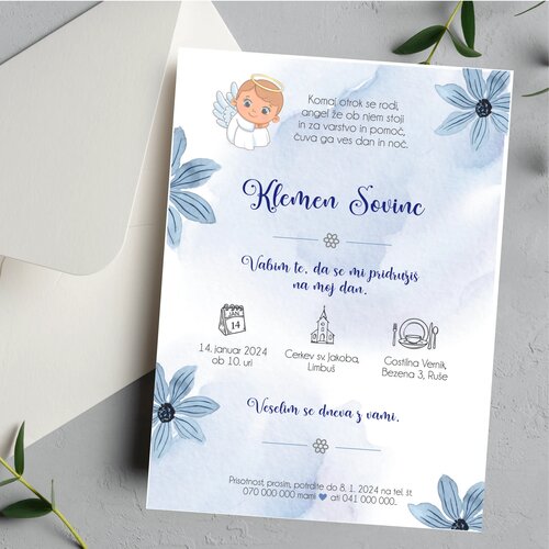  Vabilo za krst z angelčkom v modri in nežnimi cvetovi REK 030-01 Cene